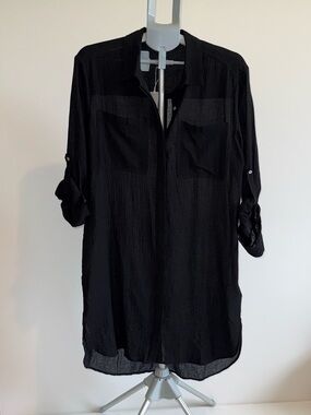 Seafolly Black Crinkle Twill Beach Shirt Cover Up Size S